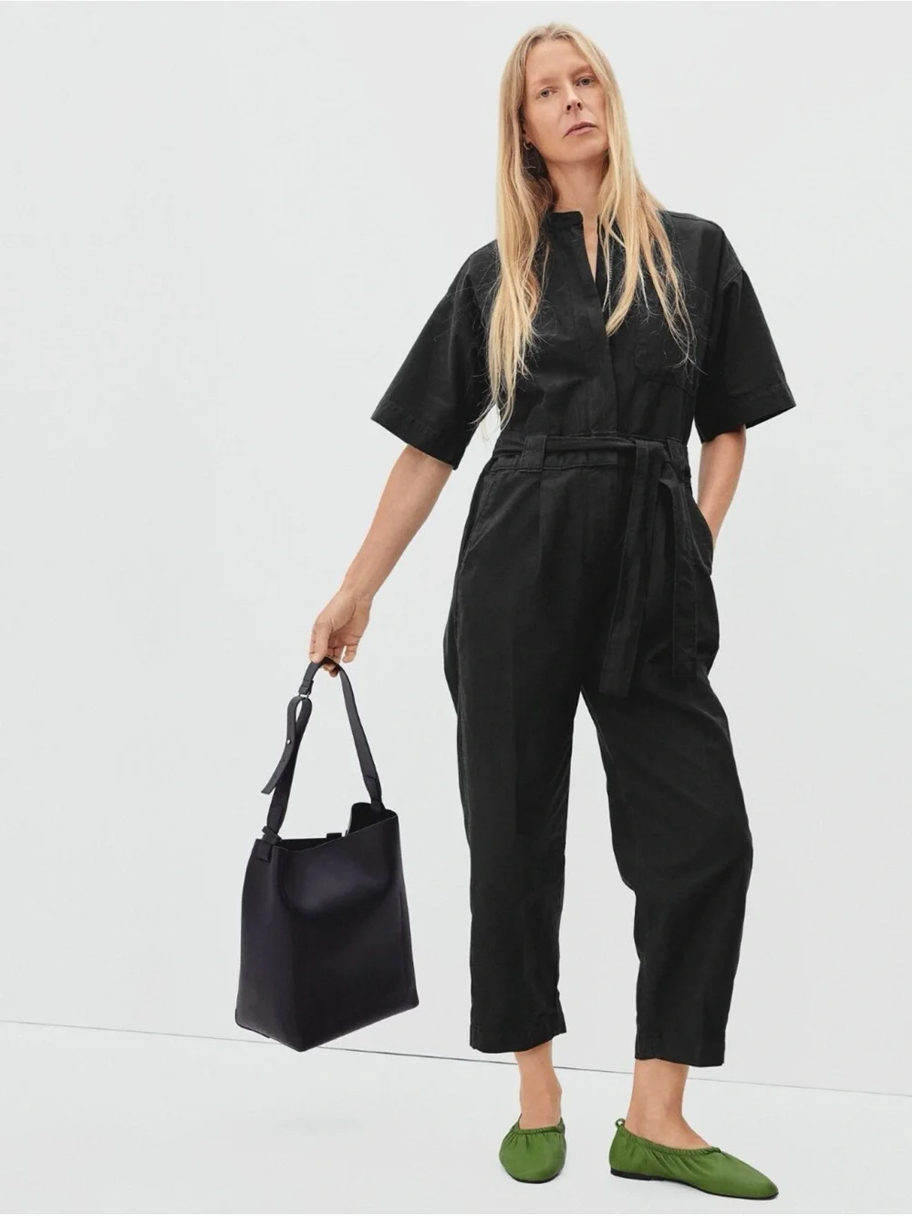 Everlane The Fatigue Short-Sleeve Jumpsuit Crop Belted Organic Cotton Gray 6
